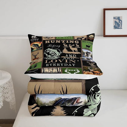 Big Pike Fish Bedding Set Deer Comforter Set for Kids Teens Boys Fish Hunt Duvet Set Antlers Fish Fishing Rod Comforter 1 Comforter Set with 2 Pillowcases King Size Boys
