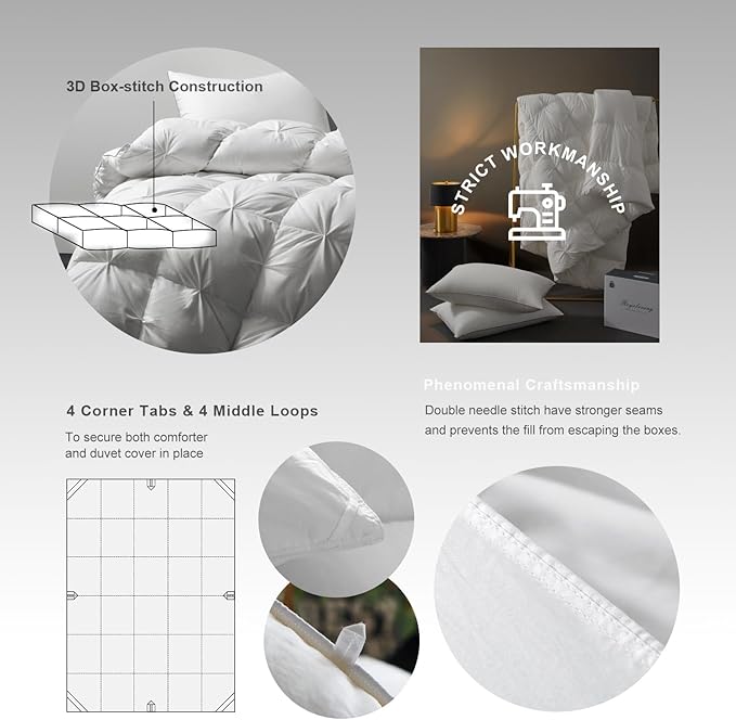 Royoliving Premium Feathers Down Comforter 100% Cotton Cover Duvet Insert with Corner Tabs (White Twisted Flower, King All Season)