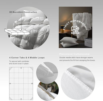 Royoliving Premium Feathers Down Comforter 100% Cotton Cover Duvet Insert with Corner Tabs (White Twisted Flower, King All Season)
