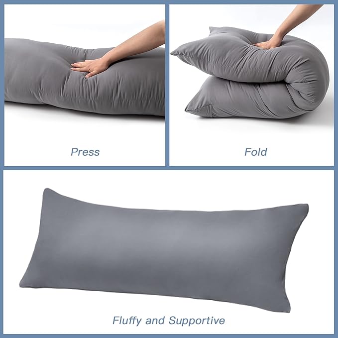 DOWNCOOL Luxury Full Body Pillow Insert with Fiber Cover - Ultra Soft Body Pillow for Sleeping - Breathable Long Bed Pillow Insert, 20"x54"(Grey, with Cover)