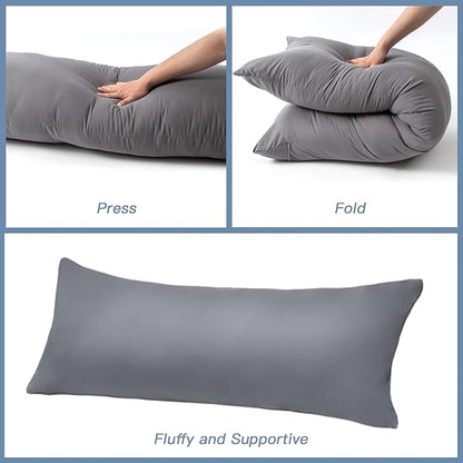 DOWNCOOL Luxury Full Body Pillow Insert with Fiber Cover - Ultra Soft Body Pillow for Sleeping - Breathable Long Bed Pillow Insert, 20"x54"(Grey, with Cover)