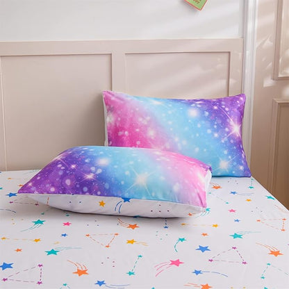 A Nice Night 6Pcs Gradient Glitter Bedding Set for Girls Full Size, Colorful Rainbow Galaxy Comforter Set, Ultra Soft Bedding Sets, Purple