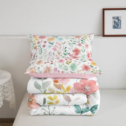 Erosebridal Cute Floral Toddler Bedding Set,Pink Beige Flower Comforter Set for Kids Girls,Boho Flowers Wildflower Bed Set,Botanical Plant Green Leaf Room Decor,1 Pillowcase Breathable