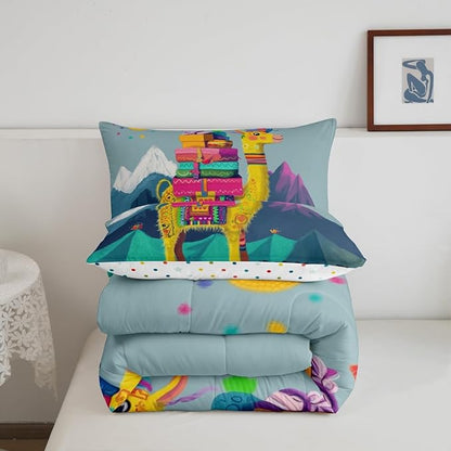 Cartoon Alpaca Comforter Set King Size for Kids Adventure Travel Theme Bedding Sets All Season Bohemia Exotic Animal Quilt Set Bedroom Decor Mountain Landscape Down Comforter,3Pcs
