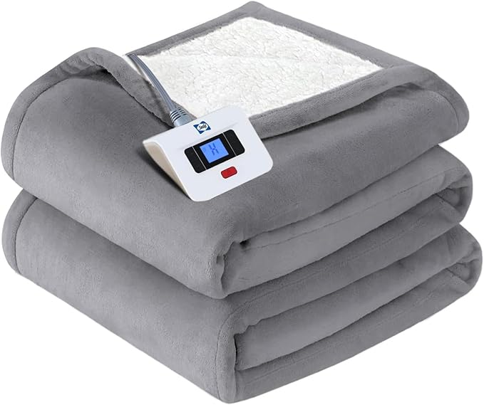 Sealy Electric Blanket Twin Size, Flannel & Sherpa Heated Blanket with 10 Heating Levels & 1-12 Hours Auto Off, Machine Washable, Light Grey, 62"x 84"