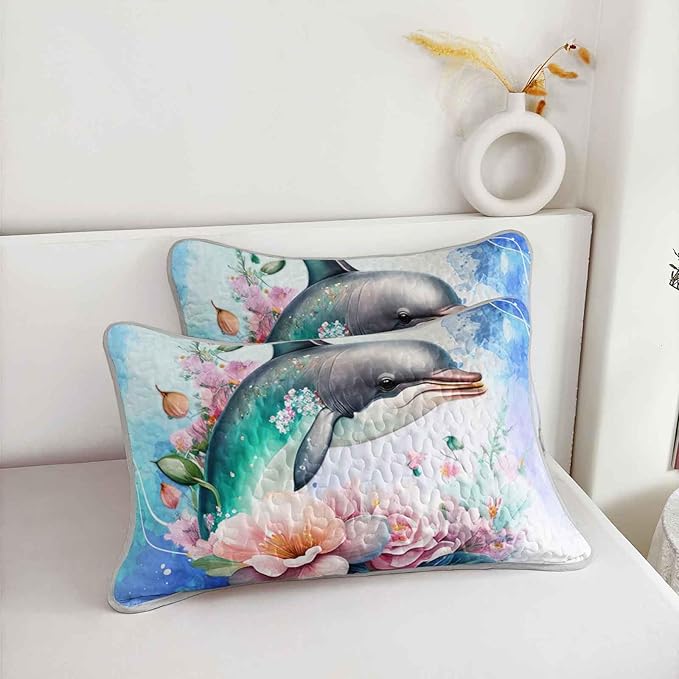 AILONEN Ocean Dolphin Quilt Set Twin Size Blue Pink Flower Bedspread Coverlet for Kids Girls Boys,1 Quilt with 2 Pillowcases,Cute Dolphin Bed Cover 3 Pieces