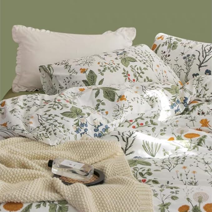Floral Duvet Cover King Size Green Floral Botanical Bedding Set with Yellow Flower Kids Boys Girls Vintage Garden Style Fall Reversible Soft Breathable Microfiber Duvet Cover Set, 3 Pieces