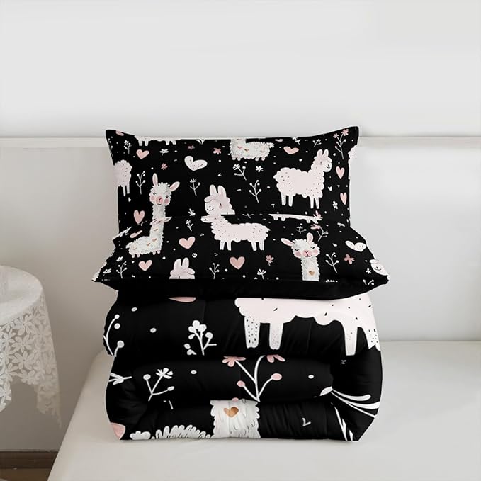 jejeloiu Cute Llama Comforter Set All Season Pink Love Heart Bedding Set with 2 Pillow Cases Floral Flower Microfiber Kids Full Bedclothes Kawaii Animal Bedroom Decor Duvet Quilt Soft