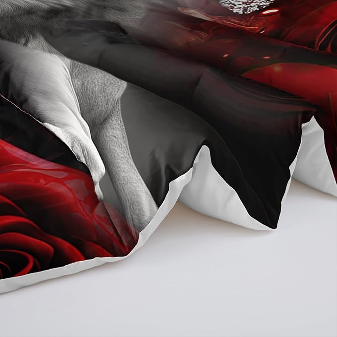 Wild Lion Comforter Set Queen Size, 3Pcs Animal Lion and Red Rose Bedding Set for Women and Adults, Cheetah Soft Comforter Set for Bedroom Bed Decor, 1 Comforter+ 2 Pillowcases.