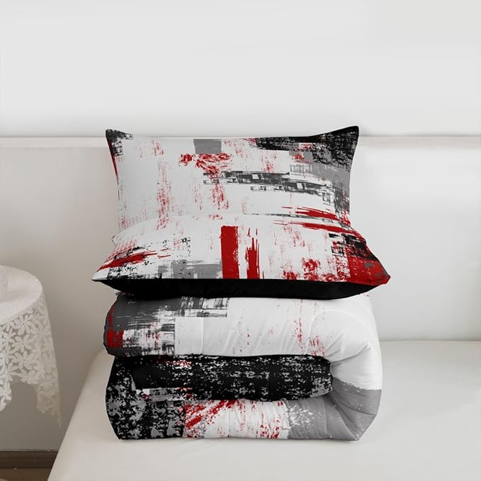 Feelyou Abstract Comforter Modern Abstract Art Comforter Set for Boys Girls Children Red Grey Black Pattern Bedding Set Room Decor King Size Duvet Set 3Pcs