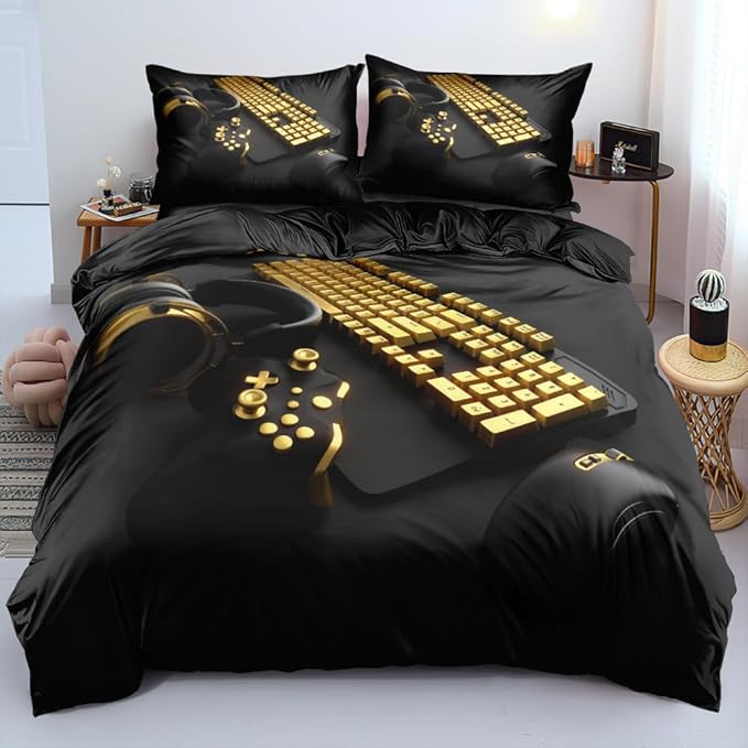 King Size Duvet Cover Set and Comforter Cover with Pillowcases – Gold Gamepad Print for Ultimate Gamer Bedroom Decor – Bedding Set for Boys & Girls – Fun & Playful Atmosphere