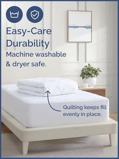 Quilted Fitted Mattress Pad Twin XL Size - Elastic Fitted Mattress Topper Protector & Cover - Breathable, Soft, Low Profile Top Cover with 8-16 Inch Deep Pockets - Easy-Fit & Machine Washable - White