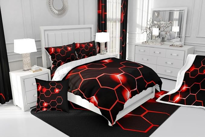 Feelyou Honeycomb Kids Comforter Set Modern Hexagon Bedding Set for Boys Children Teens Bedroom Decor Geometrical Comforter Beehive Geometric Black Red Duvet Set Full Size with 3 Pillow Case