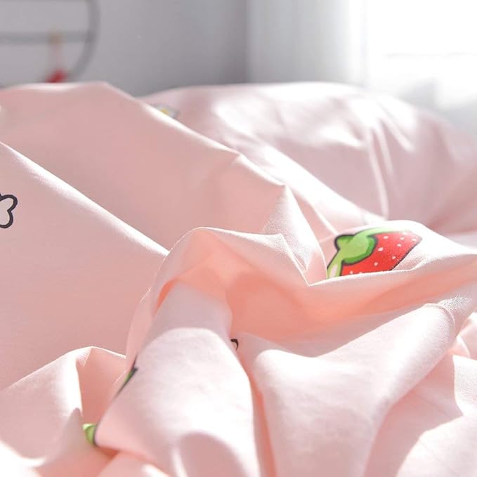 AOJIM Strawberry Kids and Adults Duvet Cover Queen Size, 100% Cotton Pink Anime Bedding Comforter Cover Set 3pcs with Zipper Closure, 1 Cute Soft Quilt Cover and 2 Pillowcases for Room Decor, No Duvet
