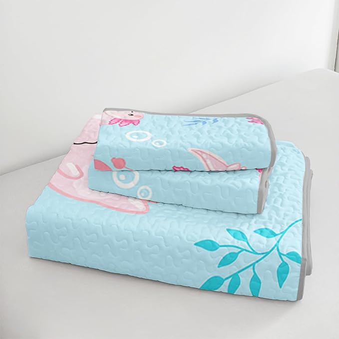 QOOMO Axolotl Quilt Set Full/Queen Size,Kawaii Salamander Bedspread Coverlet Set,Ocean 3Pcs Bedding Set Printed Quilt with 2 Pillowcases,Soft and Lightweight,for All Seasons