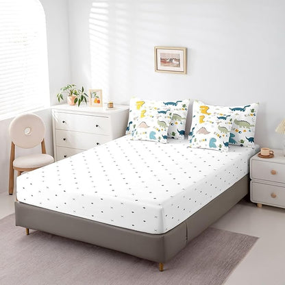Feelyou Cute Dinosaur Comforter Set with Sheets 7 Piece Twin Size Cartoon Cactus Bedding Set Decor Jungle Dino Boho Succulent Bed in a Bag Wild Animal Pattern Yellow Grey Bed Set Bedroom
