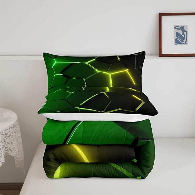 Honeycomb Comforter Green Yellow Hexagonal Print Bedding Set for Kids Boys Girls Children Beehive Geometrical Comforter Set Ultra Soft Decor Reticulated Duvet Set Toddler Size
