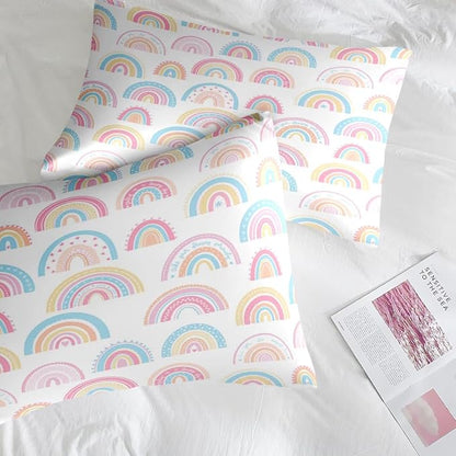 Comforter Set Queen Size, Cute Cartoon Rainbow 7 Pcs Bedding for Kids and Adults, Pink Boho Nursery Bed Sheet Sets with Fitted Sheet 2 Pillowcases & 2 Shams for Bedroom Bed Decor