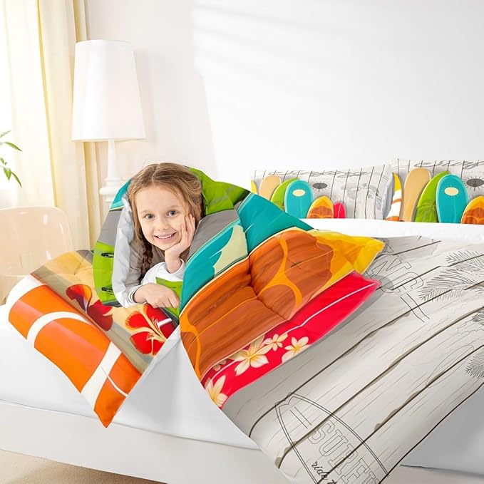 Colorful Surfing Bedding Set Full Size for Kids Boys Girls Home Room Decor,Hawaiian Ocean Style Comforter Set Rustic Farmhouse Barn Quilt Set Flower Sun Surfboard Bedspread,2 Pillowcases