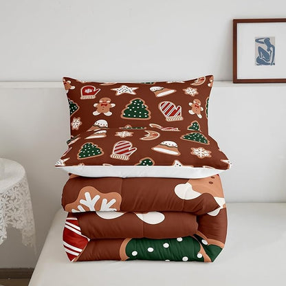 Erosebridal Merry Christmas Comforter Set for Kids Boys Girls,Cartoon Gingerbread Man Christmas Tree Bedding Queen,Cute Xmas Comforter Sets,Moon Snowflake Duvet Insert with 2 Pillowcases