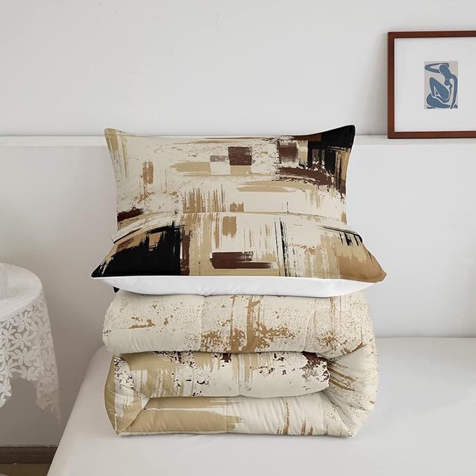 Feelyou Abstract Bedding Set Kids Modern Abstract Art Comforter Set Brown Grey Black Comforter for Boys Room Decor Lightweight Duvet Set Toddler Size with 1 Pillow Case