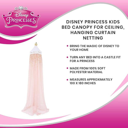Disney Princess Kids Bed Canopy Curtains for Ceiling, Hanging Mosquito Netting Cover for Reading Nook, Sleeping Tent | Fairytale Playroom Accessories, Home Decor Room Essentials
