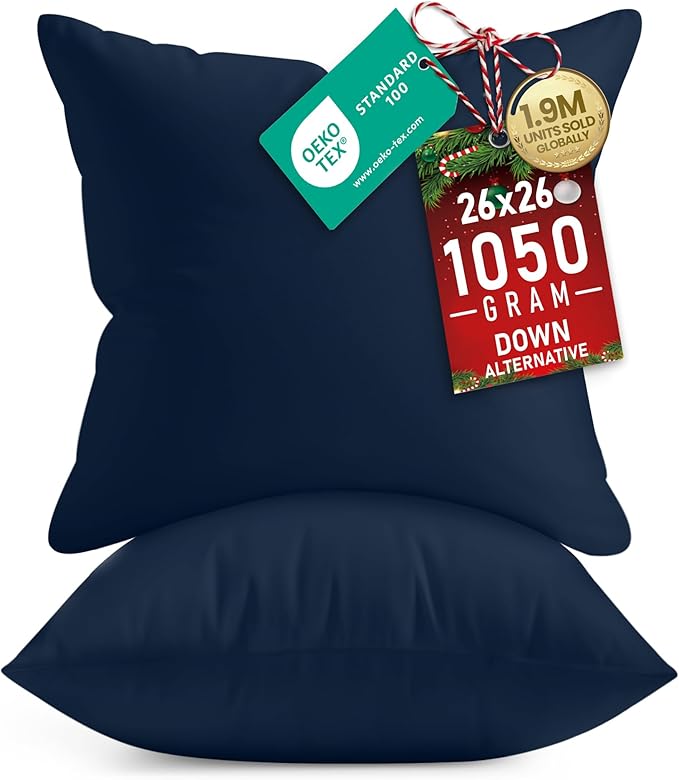 Utopia Bedding 26x26 Pillow Inserts, Set of 2, Navy – Indoor Decorative Throw Pillows for Bed, Sofa & Couch – Soft, Supportive & Fluffy Cushion Inserts