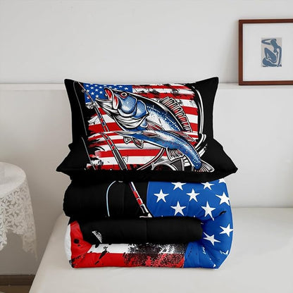 Feelyou American Flag Comforter Set Farmhouse Fishing Bedding Set for Kids Boys Girls Teens Room Wild Fish Decor Comforter Red Blue Stripe Quilted Set 2Pcs Toddler Size