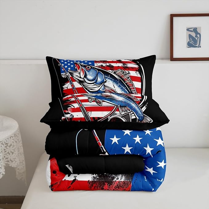 Feelyou Bass Fish Bedding Set Full Size Farmhouse Fishing American Flag Comforter Set for Kids Boys Girls Teens Fishing Lover Room Wild Pike Fish Decor Comforter Red Blue Stripe Quilted Set 3Pcs