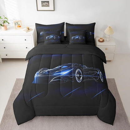 Feelyou Blue Race Car 7 Piece Bedding Set Full Size for Kids Boys Extreme Sport Games Comforter Set with Sheets Teens Toddler Fast and Furious Bed in a Bag Cool Modern Bed Set