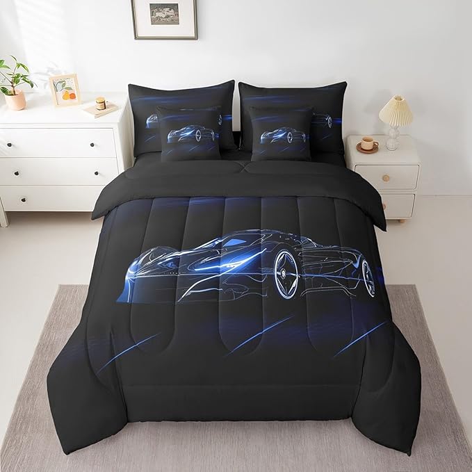 Feelyou Blue Race Car 7 Piece Bedding Set King Size for Kids Boys Extreme Sport Games Comforter Set with Sheets Teens Toddler Fast and Furious Bed in a Bag Cool Modern Bed Set