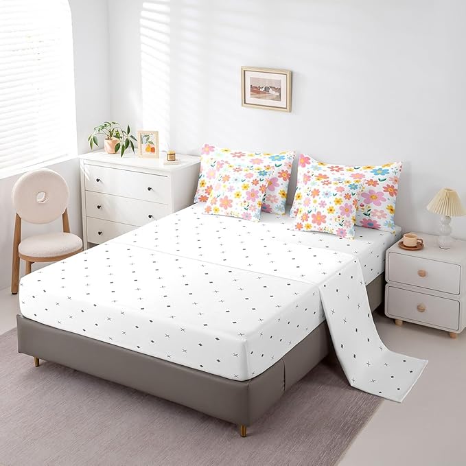Feelyou Cute Flower 7 Piece Bedding Set Twin Size Kids Cartoon Cute Floral Bed in a Bag for Kids Girls Teens Toddler Yellow Pink Comforter Set with Sheets Kawaii Bed Set