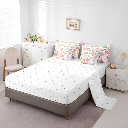 Feelyou Cute Flower 7 Piece Bedding Set Full Size Kids Cartoon Cute Floral Bed in a Bag for Kids Girls Teens Toddler Yellow Pink Comforter Set with Sheets Kawaii Bed Set