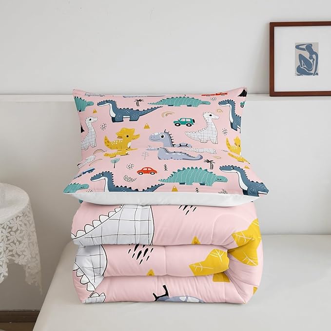 Cute Dino Kids Comforter Set Queen Size,Cartoon Cars Dinosaur Rainbow Print Bedding Set for Women Adult,Kawaii Animal Vehicle Drawn Pink Luxury Bed Duvet Insert, 2 Pillowcases