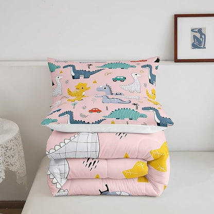 Cute Dino Kids Comforter Set Queen Size,Cartoon Cars Dinosaur Rainbow Print Bedding Set for Women Adult,Kawaii Animal Vehicle Drawn Pink Luxury Bed Duvet Insert, 2 Pillowcases
