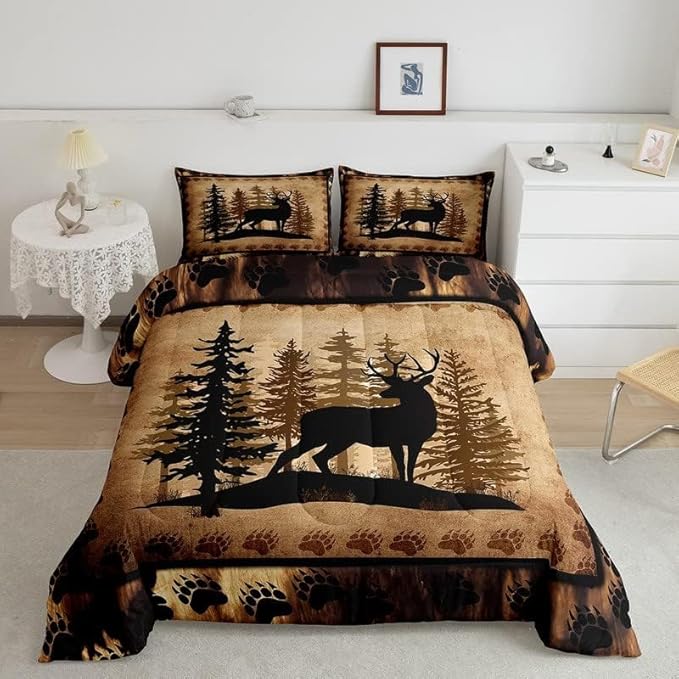 Feelyou Cute Deer Comforter Set for Girls Boys Kids Deer Hunting Bedding Set Room Decorative Rustic Bear Paw Print Bedding Canbin Brown Duvet Full Size 3Pcs