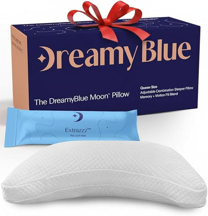 DreamyBlue Moon Pillow • Adjustable Loft, Luxury Cover, Shredded Memory Foam • for Back, Side and Combination Sleepers • Neutral Alignment for All • CertiPUR-US Certified Foam (Queen)