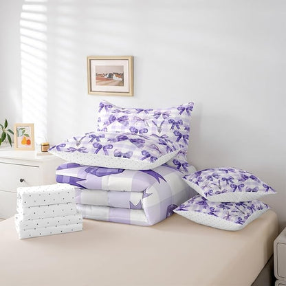 Feelyou Purple Bowknot 7 Piece Bedding Set Lavender Flower Comforter Set with Sheets for Kids Boys Girls Purple Stripe Bed in a Bag Princess Theme Bed Set Soft Lightweight
