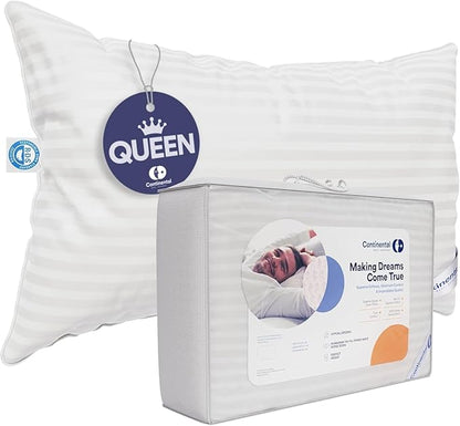 Continental Bedding Luxury Down Pillows Queen Size Pack of 1 - Family Made in New York - Cool Breathable Bed Pillows for Sleeping, Back, Side, Stomach Sleepers – 700 FP, Medium