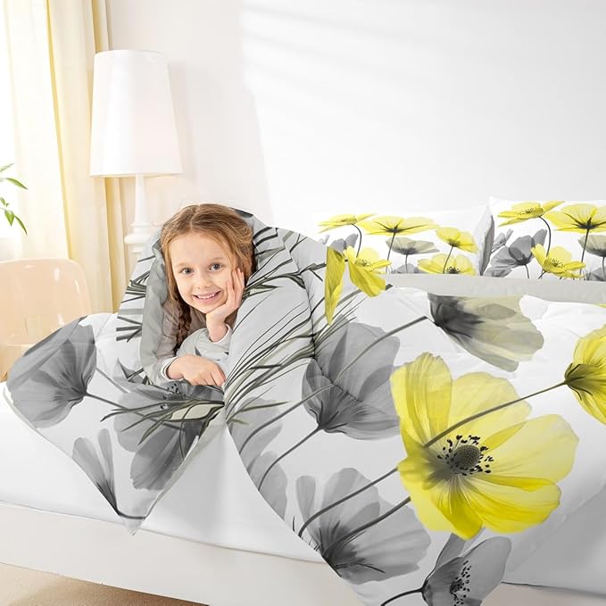 Erosebridal Yellow Boho Floral Full Bedding Set,Yellow and Gray Flower Comforter Set for Kids Girls Women,Vintage Flowers Quilt,Bohemian Wildflower Bedroom Decor with 2 Pillowcases,Breathable