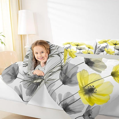 Erosebridal Yellow Boho Floral King Bedding Set,Yellow and Gray Flower Comforter Set for Kids Girls Women,Vintage Flowers Quilt,Bohemian Wildflower Bedroom Decor with 2 Pillowcases,Breathable
