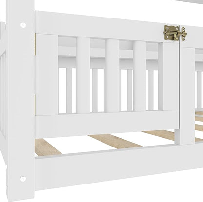 CZBZ Twin Size Canopy Floor Bed with Guardrails and Built-in Shelves, Solid Wood Montessori-Inspired Low Bed Frame, White