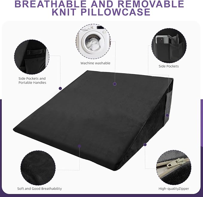 Memory Foam Bed Wedge Pillow (10"x24"x24") - Acid Reflux & Back Pain Relief, Anti-Snoring Incline Design, Removable Washable Cover for Sleep & Post-Surgery Support