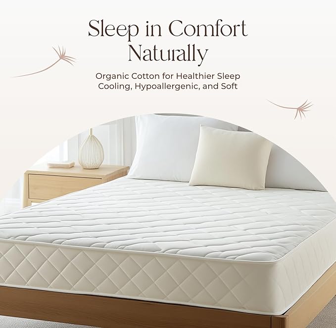 100% Cotton Organic Mattress Pad - Breathable & Cooling Mattress Protector Queen Size - Premium 300GSM Quilted and Noiseless Machine Washable Organic Mattress Protector (Ivory, Queen)