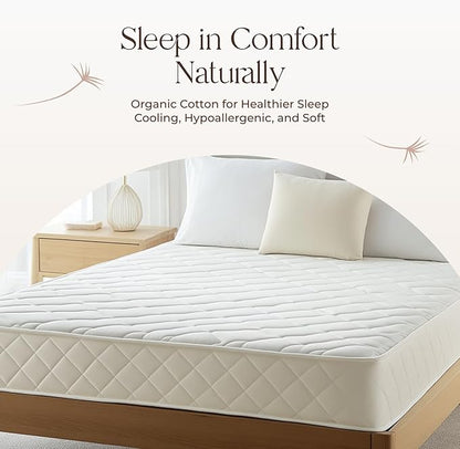 100% Cotton Organic Mattress Pad - Breathable & Cooling Mattress Protector Full Size - Premium 300GSM Quilted and Noiseless Machine Washable Organic Mattress Protector (White, Full)
