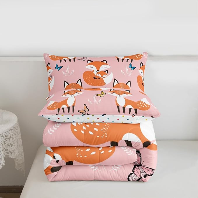 Erosebridal Kids Cartoon Fox Bedding Set Queen Size,Multicolor Butterfly Comforter Set Boys Girls Woodland Fox Quilt Duvet Teens Wildlife Animal Down Comforter with 2 Pillow Shams,3Pcs Pink Orange
