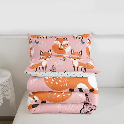 Erosebridal Kids Cartoon Fox Bedding Set Queen Size,Multicolor Butterfly Comforter Set Boys Girls Woodland Fox Quilt Duvet Teens Wildlife Animal Down Comforter with 2 Pillow Shams,3Pcs Pink Orange