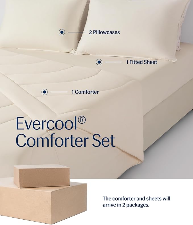 Rest® Evercool®+ Cooling Comforter Set, Cali King Snow Ivory, 4pcs with Cooling Blanket, Wrinkle-Free Deep Pocket Fitted Sheet, 2 Silver-Infused Pillowcases for Skin and Hair Bed Set for Ultra Comfort