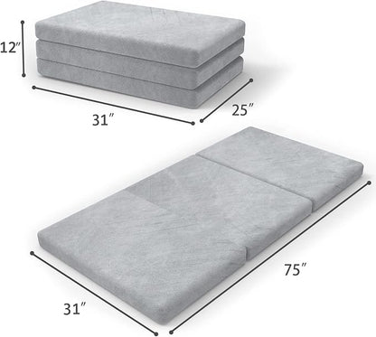SINWEEK Tri Folding Mattress with Storage Bag 4" Foldable Mattress Foam Topper Floor Cot Mattress, Guset Bed with Machine Washable Cover and Waterproof Lining, CertiPUR-US Certified 31 x 75 Inch