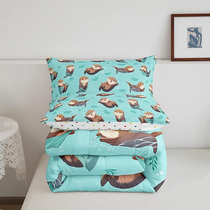 Otter Kids Comforter Set,Cute Cartoon Wild Animals Bedding Sets for Boys Girls Teens,Green Plants Water Bubbles Graffiti Quilted Comforter with 2 Pillowcases King Size 3 Pcs